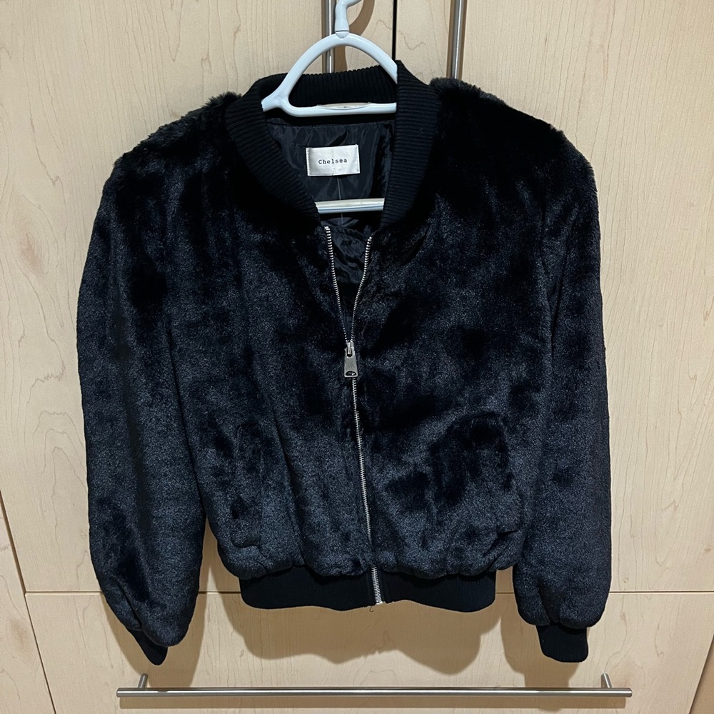 NWT Black furry bomber coat